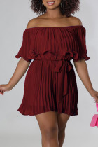 Burgundy Casual Solid Patchwork Fold Off the Shoulder Straight Rompers