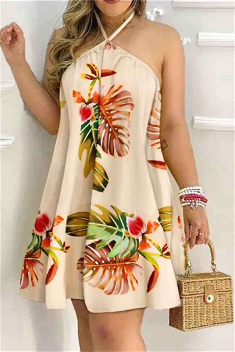 Apricot Fashion Casual Print Bandage Backless Halter Sleeveless Dress Dresses