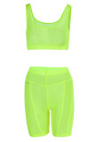 Green Yellow Sexy Solid Patchwork See-through U Neck Sleeveless Two Pieces