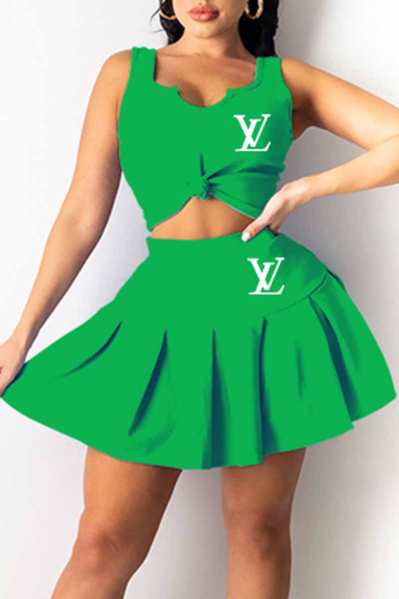 

Green Fashion Sweet Print Letter V Neck Sleeveless Two Pieces