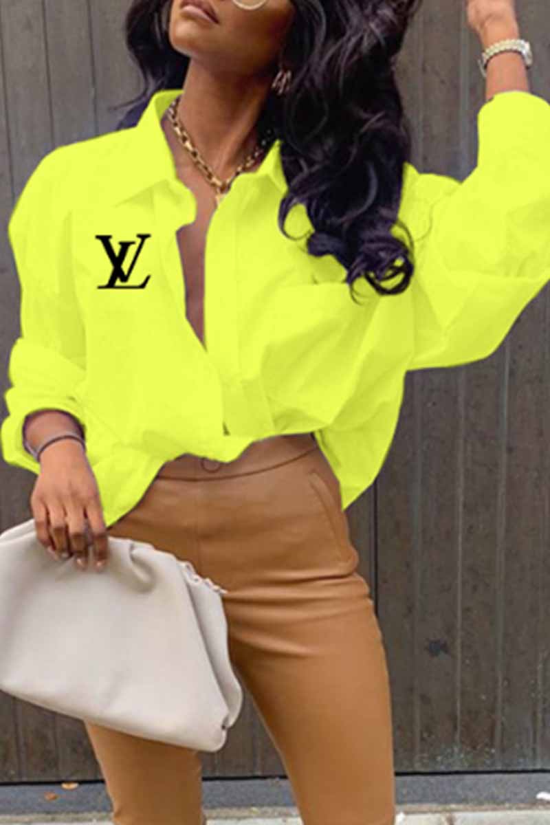 

Yellow Fashion Sexy Print Letter Turndown Collar Tops
