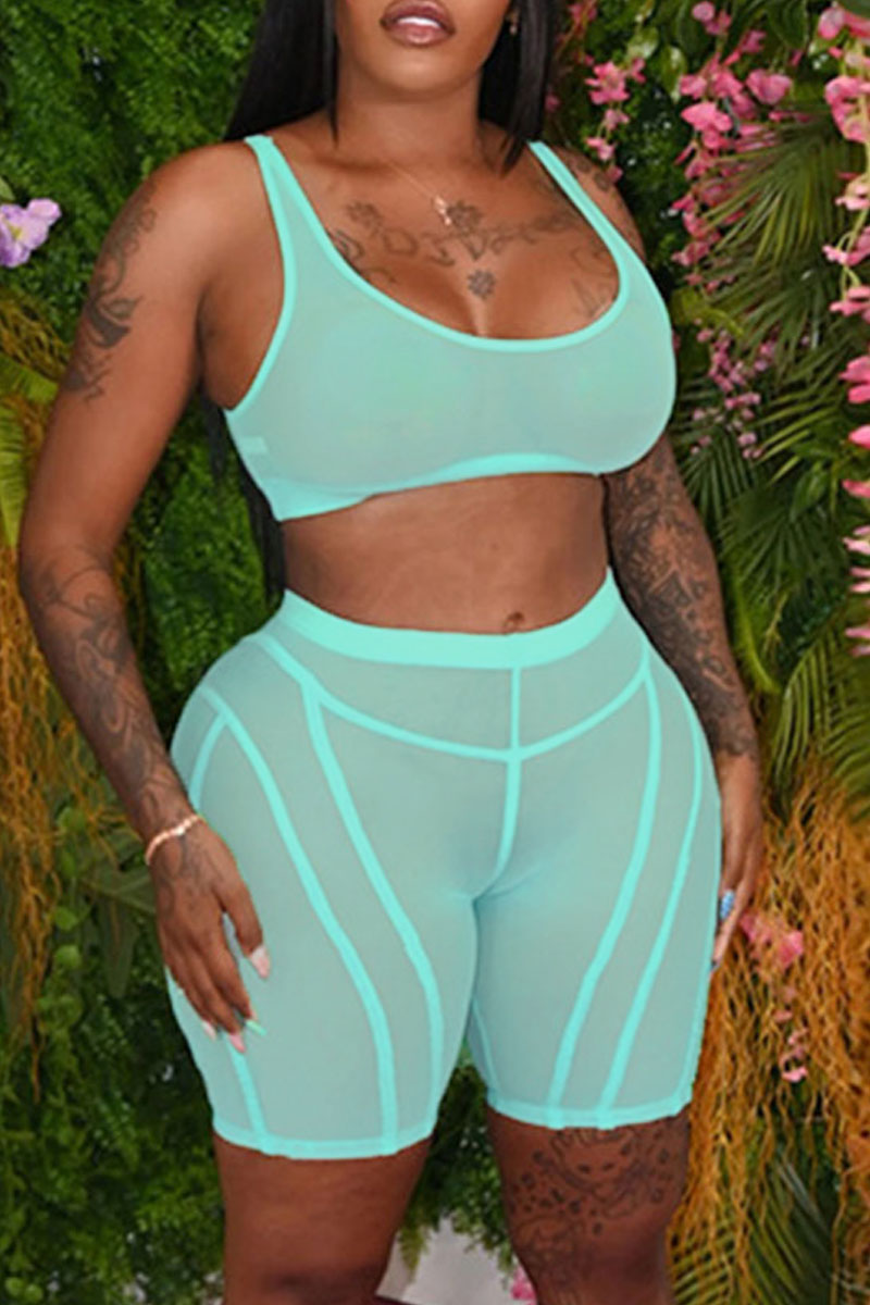 

Lake Green Sexy Solid Patchwork See-through U Neck Sleeveless Two Pieces