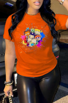 オレンジファッションカジュアル漫画プリントベーシックOネックTシャツ