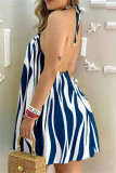 ブルーファッションカジュアルプリント包帯バックレスホルターノースリーブドレスドレス