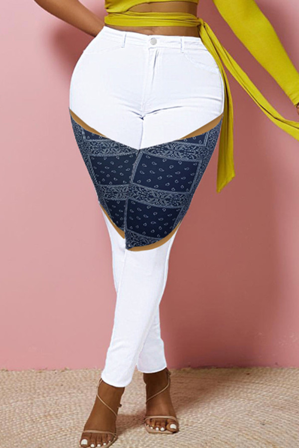 Moda branca casual estampa patchwork cintura alta jeans skinny