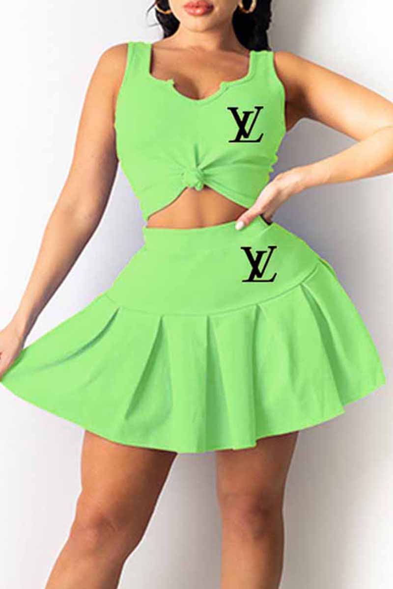 

Fluorescent Green Fashion Sweet Print Letter V Neck Sleeveless Two Pieces