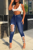 Light Blue Sexy Solid Hollowed Out Patchwork Chains High Waist Denim Jeans