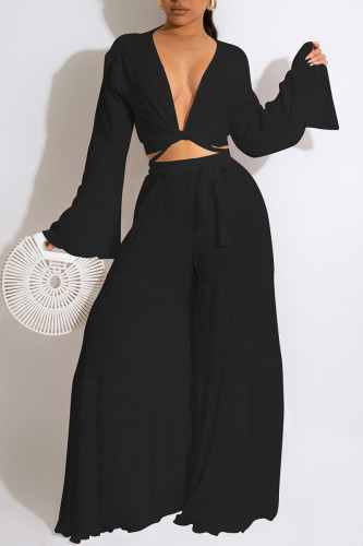Black Sexy Solid Bandage Patchwork V Neck Long Sleeve Two Pieces