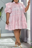 Розовые повседневные милые однотонные лоскутные платья с отложным воротником и пряжкой трапециевидной формы больших размеров