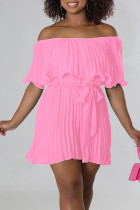 Pink Casual Solid Patchwork Fold Off the Shoulder Straight Rompers