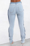 Azul bebê moda casual sólido retalhos fenda cintura alta jeans jeans