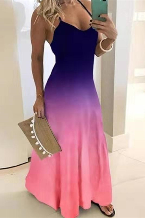 ピンクパープルファッションセクシープラスサイズプリントバックレススパゲッティストラップロングドレス