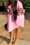 Розовые повседневные лоскутные стринги с круглым вырезом и принтом в стиле пэчворк Прямые платья больших размеров