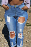 Blauwe casual effen gescheurde patchwork hoge taille denim jeans