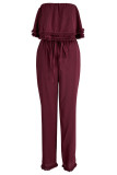 Burgundy Casual Solid Patchwork Strapless Straight Jumpsuits