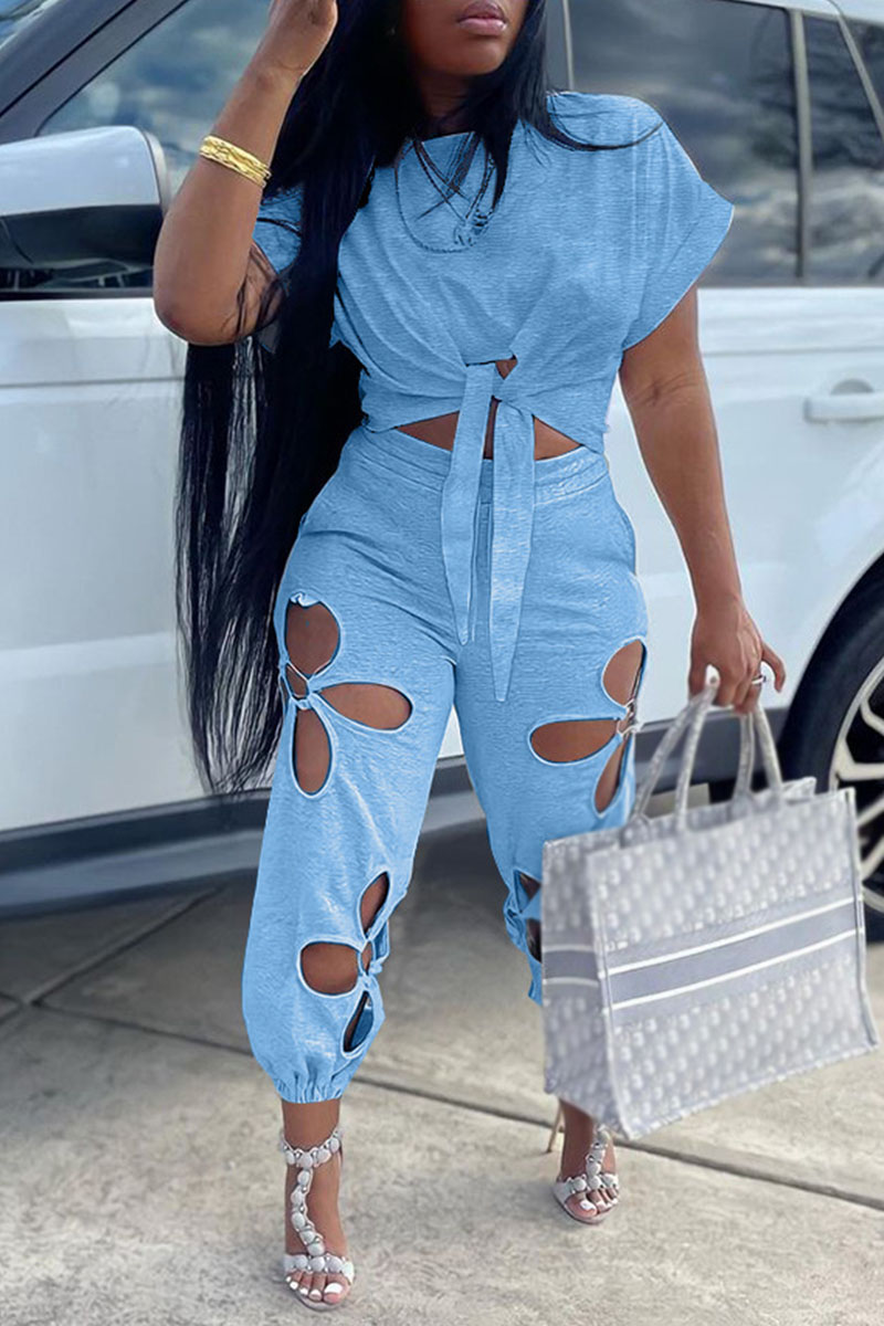 

Blue Casual Solid Bandage Hollowed Out Patchwork O Neck Plus Size Two Pieces