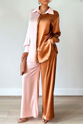 Maroon Fashion Casual Solid Patchwork Contrast Turndown Collar Long Sleeve Two Pieces
