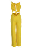 Macacão reto amarelo sexy com atadura sólida vazada de retalhos
