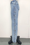 Baby Blue Casual Solid Patchwork Buckle Slit High Waist Denim Jeans