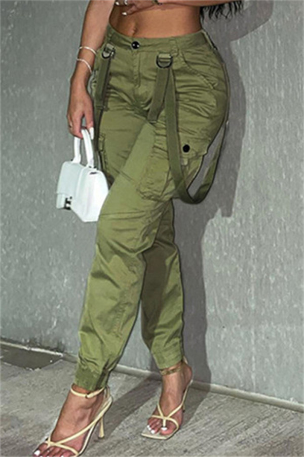 グリーンファッションカジュアルソリッドパッチワークレギュラーハイウエスト従来のパッチワークボトムス