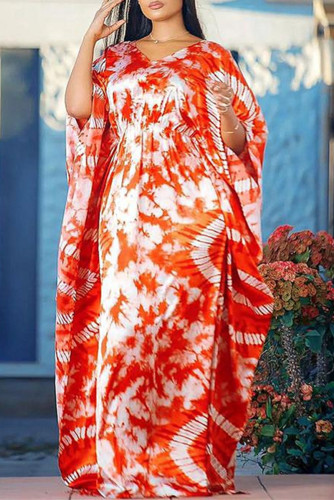 Vestido longo vermelho tangerina moda casual estampa patchwork decote em v