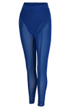 Синие сексуальные однотонные лоскутные прозрачные обычные однотонные брюки-карандаш с высокой талией