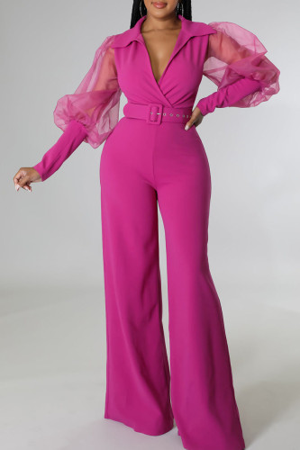 Rose Red Casual Elegant Solid Patchwork V Neck Straight Jumpsuits