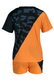negro naranja moda casual estampado básico o cuello manga corta dos piezas