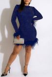 Black Fashion Casual Patchwork Feathers Hot Drill O Neck Long Sleeve Dresses