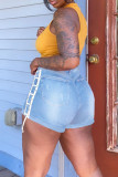 Light Blue Casual Solid Rivets Patchwork High Waist Straight Solid Color Plus Size Denim Shorts