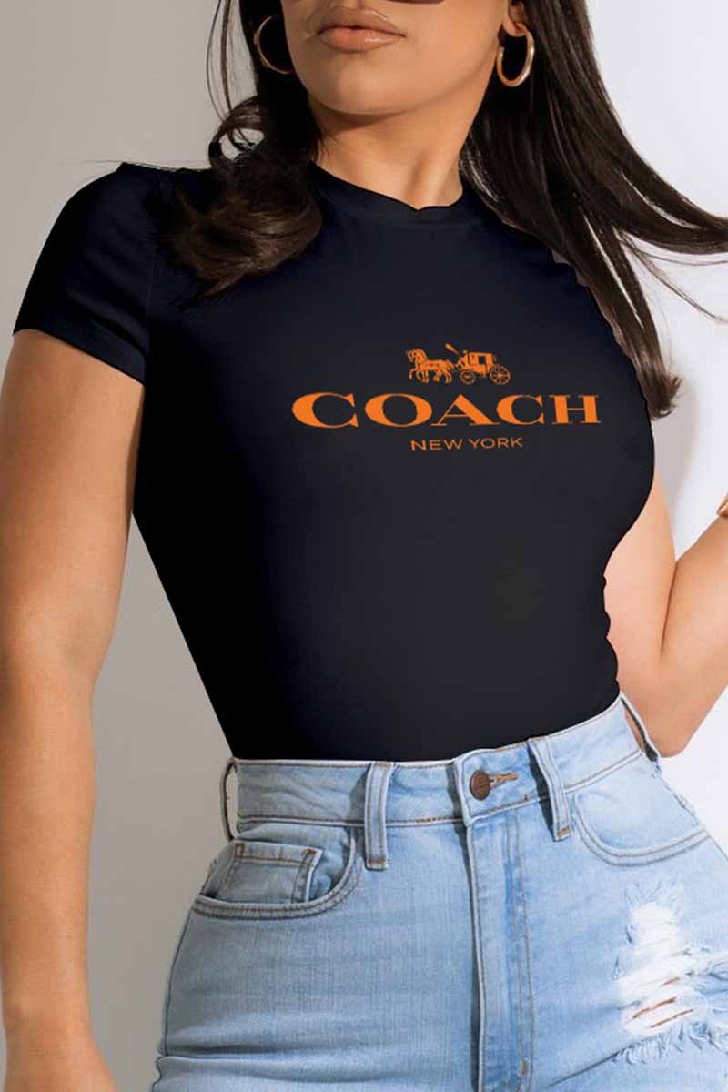

Black Fashion Casual Print Letter O Neck T-Shirts