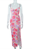 Pink Fashion Sexy Print Backless Slit V-Ausschnitt Sling Dress Kleider