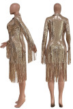 Золотая мода Элегантная однотонная верхняя одежда с блестками и кисточками в стиле пэчворк с отложным воротником
