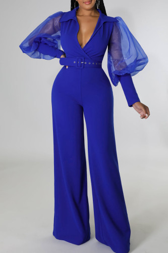 Blue Casual Elegant Solid Patchwork V Neck Straight Jumpsuits