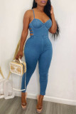 Blauwe Mode Sexy Effen Uitgeholde Patchwork Backless Spaghetti Band Mouwloze Skinny Denim Jumpsuits