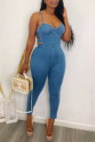 Blue Fashion Sexy Solid Hollowed Out Patchwork Backless Spaghetti Strap Sleeveless Skinny Denim Jumpsuits