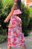 Pink Fashion Sexy Print Backless Slit V-Ausschnitt Sling Dress Kleider