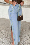 Jeans de mezclilla de cintura alta con hebilla de patchwork sólido casual azul bebé