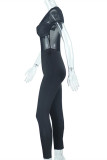 Macacão skinny preto fashion sexy de patchwork sólido transparente com gola O