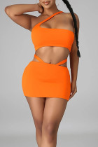 Tangerine Red Sexy Solid Hollowed Out Patchwork Asymmetrical Collar Sleeveless Two Pieces