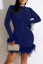 Blue Fashion Casual Patchwork Feathers Hot Drill O Neck Long Sleeve Dresses