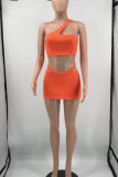 Tangerine Red Sexy Solid Hollowed Out Patchwork Asymmetrical Collar Sleeveless Two Pieces