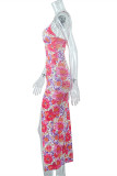 Pink Fashion Sexy Print Backless Slit V Neck Sling Dress Dresses