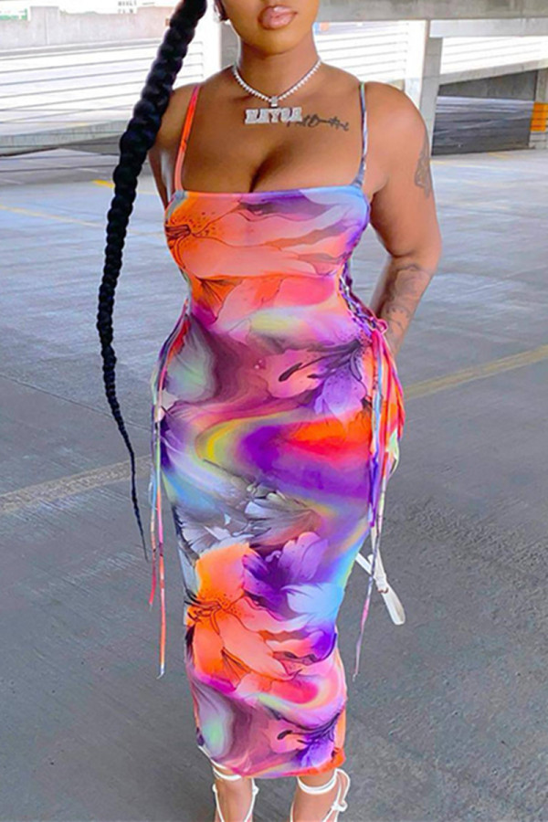 カラーファッションセクシーなプリント包帯背中の開いたスパゲッティストラップロングドレスドレス