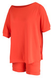 Tangerine Red Casual Solid Patchwork Oblique Collar Short Sleeve Two Pieces