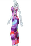 Colour Fashion Sexy Print Bandage Backless Spaghetti Strap Long Dress Dresses