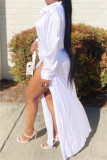 ホワイトファッションセクシーなソリッドパッチワークターンダウンカラー長袖ドレス