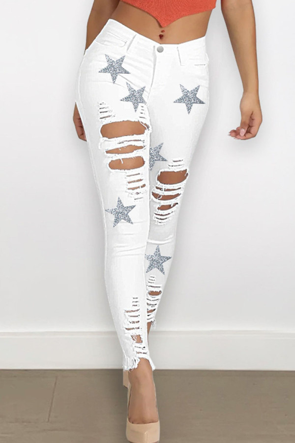 Weiße, lässige, zerrissene Patchwork-Denim-Jeans mit hoher Taille und Street-Print