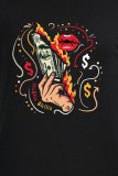Camisetas con cuello en O de patchwork estampado de labios casuales de moda negra