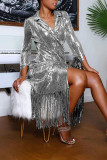 Silver Fashion Elegant Solid Tassel Sequins Patchwork Turn-back Collar Outerwear
